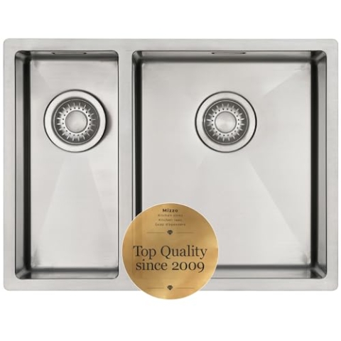 MIZZO Edelstahlspüle 18+34x40cm | Küchenwaschbecken 1.5 Becken | Spülbecken ab 60er Schrank | Einbauspüle Unterbauspüle | Außenmaß 590x444mm | Spüle mit runde Innenecken | Küchenspüle Edelstahl