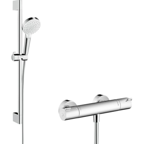 hansgrohe Crometta - Duschset mit Thermostat Ecostat 1001 CL, runder Duschkopf mit Brausestange 90 cm, Duschkopfhalterung und Brauseschlauch 1,60m, Duschbrause mit 2 Strahlarten, Weiß-Chrom, 27813400