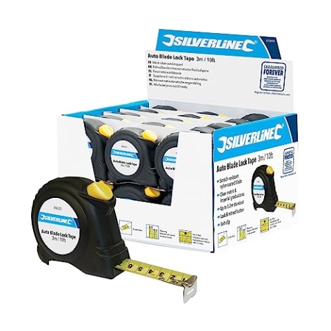 Silverline 633848 Rollbandmaß mit automatischer Rücklaufsperre, Verkaufsdisplay 3 m x 16 mm, 30 Stck.