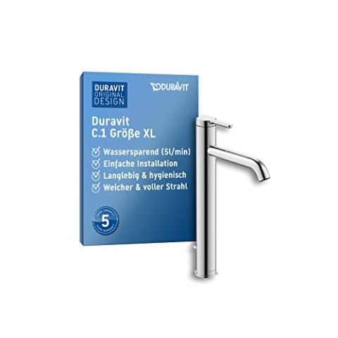 Duravit C.1 Waschtischarmatur, Größe XL (Auslauf Höhe 233 mm), Wasserhahn Bad mit Zugstangen-Ablaufgarnitur, Waschbecken Armatur mit Keramikkartusche, Chrom