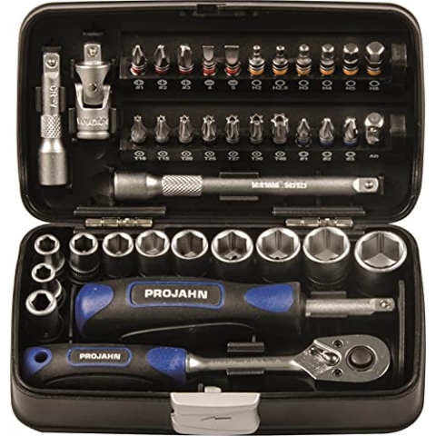 Projahn Mini Steckschlüssel und Bit-Box 38-tlg. (kompaktes Set mit verschiedenen Steckschlüssel, farbcodierten Bits: Schlitz, Kreuzschlitz, Torx, passend für nahezu jede Anwendung, Werkzeugbox) 394072