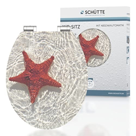 SCHÜTTE WC-Sitz STARFISH mit Absenkautomatik aus Holz, Design Toilettendeckel mit 175kg Belastbarkeit, Toilettensitz mit Brille, Klodeckel für WC, MDF Holzkern Klobrille mit Motiv