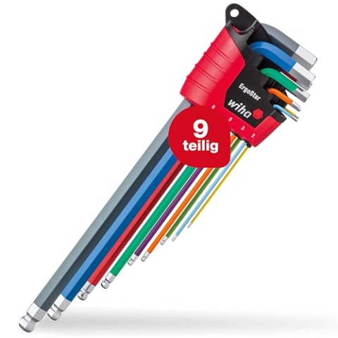 Wiha Stiftschlüssel Set 9-tlg. im ErgoStar Halter I 1,5 mm - 10 mm I Sechskant-Kugelkopf I farbig leuchtend I Winkelschlüsselsatz (43849)