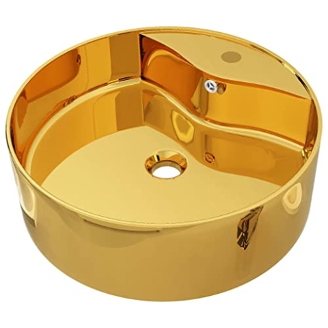 vidaXL Waschbecken mit Überlauf Aufsatzwaschbecken Waschtisch Waschplatz Handwaschbecken Waschschale Becken Badezimmer 46,5x15,5cm Keramik Golden
