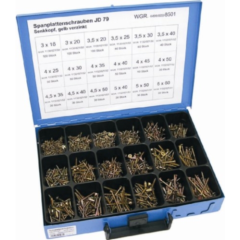 Dresselhaus - JD-79 Montagekasten, Schrauben-Set mit 18 Abmessungen, 940 Stück, Senkkopf, Kreuzschlitz Z, Verzinkt gelb, 8501