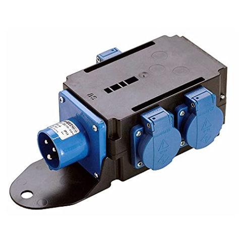 as - Schwabe MIXO Stromverteiler WESER – 230 V, 16 A CEE-Stecker auf 3x Schutzkontakt-Steckdose – IP44 – Wohnmobil Zubehör mit Schutzklappe – Made in Germany – Schwarz I 60498