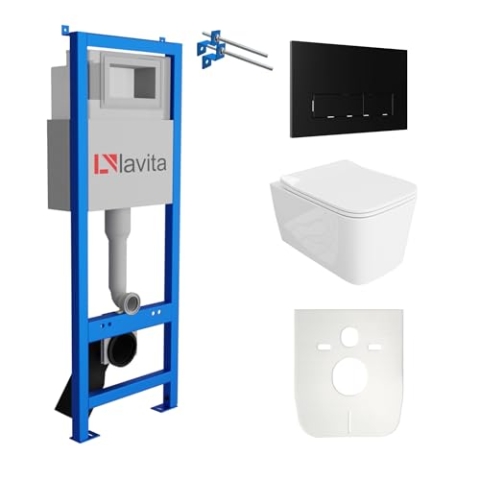 Lavita LAV 101 Vorwandelement für WC 40cm + Wand Hänge Tiefspül WC MURYA Weiß Spülrandlos + Bedienplatte LAV 200.3.4 Schwarz | Komplettset | Unterputz Spülkasten | Toilette Komplett Sett