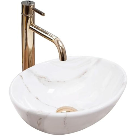 Rea Aufsatzwaschbecken SOFIA MINI SHINY AIAX Waschtisch Handwaschbecken Waschschale Waschbecken für Badezimmer aus hochwertiger Keramik 350 x 260 x 125 mm (Weiß, Marmorimitat)