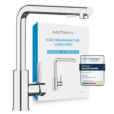 Bächlein Küchenarmatur Varvaro – 360 Grad schwenkbarer Wasserhahn für die Küche (chrom) – Einhand-Spültischbatterie aus Edelstahl mit ausziehbarem Schlauch und Brause mit Umschalter
