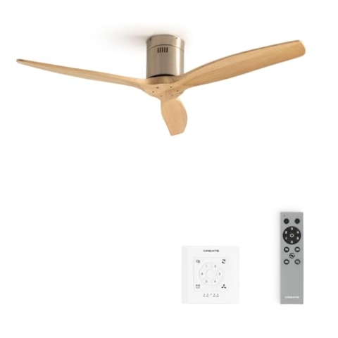 CREATE / WINDCALM/Deckenventilator Nickel Hellesholzflügel mit Fernbedienung und Wandschalter / 40W, Leise, Ø132cm, ABS, 6 Geschwindigkeiten, Timer von 1 bis 4 Std., DC-Motor, Sommer-Winterbetrieb