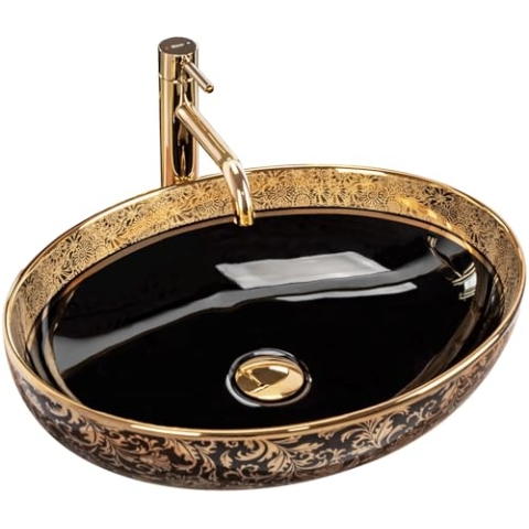 Rea Waschbecken Waschtisch Aufsatzwaschbecken Keramik Handwaschbecken Aufsatz Waschschale Gold Schwarz Rund 40x52
