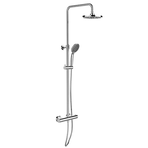 WENKO Duschsystem Young Eco, Mit Thermostat-Armatur & 2 Watersaving Regulatoren, Regenduschkopf & Handbrause mit 5 Funktionen, Knickfester Duschschlauch, 120 cm, Chrom