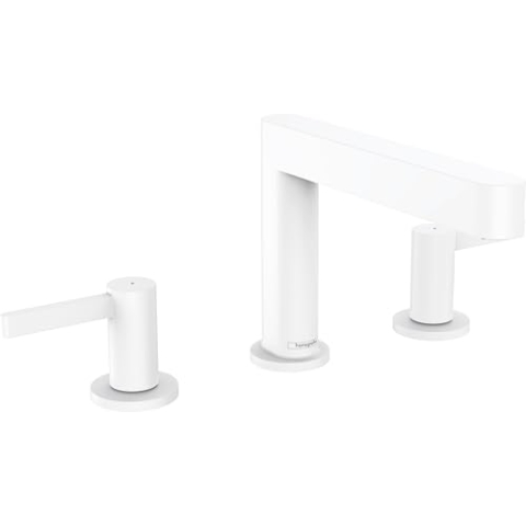 hansgrohe 3-Loch Waschtischarmatur Finoris, Wasserhahn Bad mit Auslauf Höhe 110 mm, mit Push-Open Ablaufgarnitur, Badarmatur wassersparend, Mattweiß