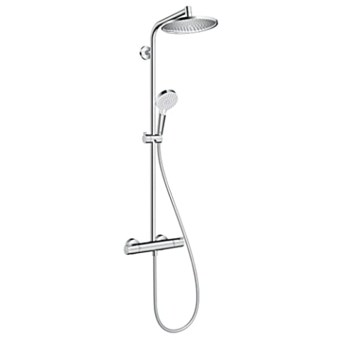 hansgrohe Crometta S - wassersparendes Duschsystem (EcoSmart) mit Thermostat, Regendusche (240 mm) mit Armatur, Handbrause (2 Strahlarten), Schlauch, Brausestange und Kopfbrause, Chrom, 27268000