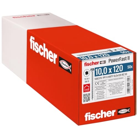 fischer PowerFast II HWTF 10,0 x 120, kraftvolle Holzbauschraube mit Sechskantkopf, Innenstern-Aufnahme und Vollgewinde, für den konstruktiven Holzbau, 50 Stk.