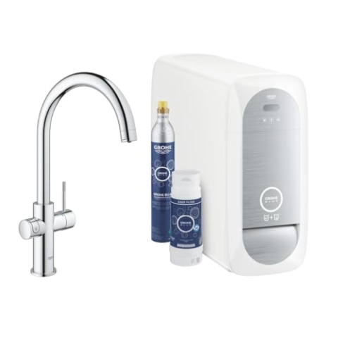 GROHE Blue Home - Starter Kit (C- Auslauf, 3 gefilterte und gekühlte Wasserarten, für GROHE Blue Filter S-Size, Bluetooth 4.0* & WIFI Datenkommunikation), chrom, 31455001