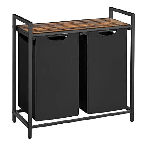 VASAGLE Wäschekorb 2 Fächer, Wäschesammler mit Ablage, Wäschebox, Wäschesack aus Oxford-Gewebe abnehmbar, Metallrahmen, 2 x 46 L, 73 x 33 x 72 cm, tintenschwarz-vintagebraun BLH201B01