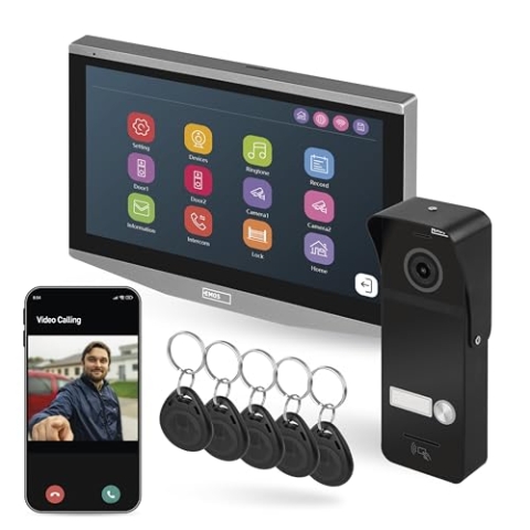EMOS GoSmart - Smart Home Video Türsprechanlage mit App - WiFi - Intercom mit Full-HD Kamera 2MP mit Nachtsicht, RFID, 7'' LCD-Display, Touchscreen, Türschlosssteuerung - wasserdicht - schwarz