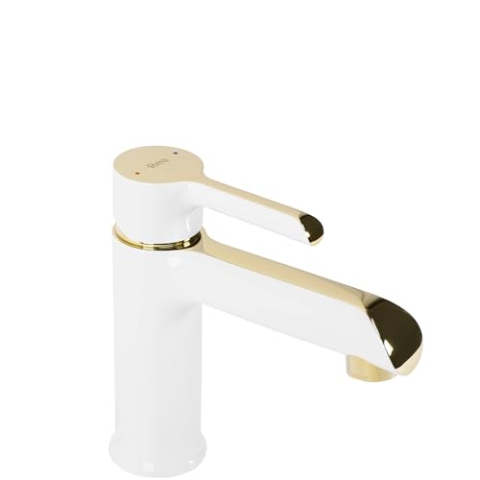 Rea Waschtischarmatur MELIA white gold Low Wasserhahn Bad Badarmatur aus Messing Armatur für Waschbecken Badezimmer Mischbatterie Waschbecken Einhebel (Weiß/Gold)