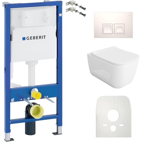 GEBERIT Duofix Basic Vorwandelement + Wand Tiefspül WC Maio Weiß Spülrandlos + WC Sitz + Bedienplatte Delta 25 Weißer Knopf Komplettset Unterputz Spülkasten Toilette Komplett Sett WC