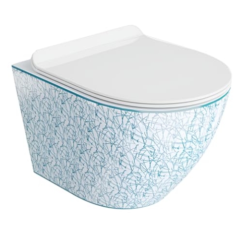 LAVITA Wand-WC Sofi Slim Kresz Hänge Toilette WC Sitz Toilettendeckel mit Absenkautomatik & Metallscharniere Toiletten Spülrandlos Hängend Toilettenbecken 365x490x395 mm Weiß/Blue