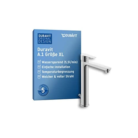Duravit A.1 Waschtischarmatur, Größe XL (Auslauf Höhe 237 mm), Wasserhahn Bad mit Zugstangen-Ablaufgarnitur, Waschbecken Armatur, Chrom