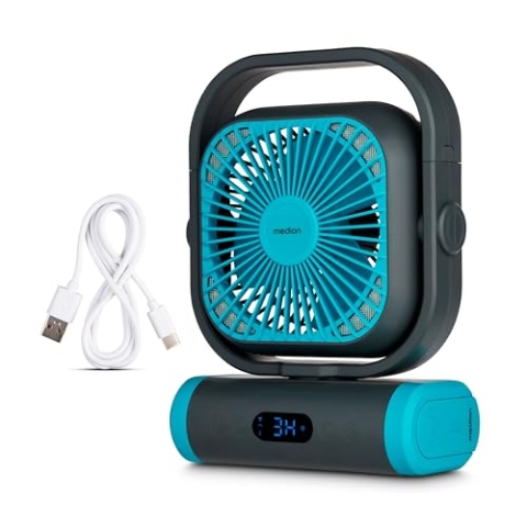 MEDION Tischventilator E10 TF (Camping, 5 Geschwindigkeitsstufen, Fernbedienung, Oszillation, Haken zum Aufhängen, Akku, Powerbankfunktion, LED Licht)