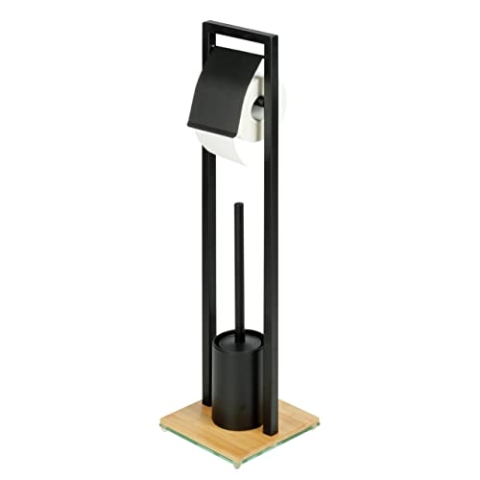 WENKO Stand WC-Garnitur Mod. Bambusa, inkl. Rollenhalter und WC-Bürste im Loft-Stil, matt lackierter Stahl mit Schwerer Glasplatte kombiniert mit hochwertigem Bambus, 18 x 72,5 x 18 cm, Schwarz/Natur