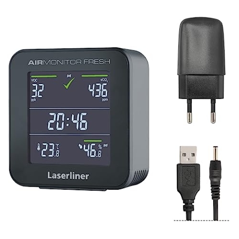 Umarex Laserline AirMonitor Fresh (mit Präzisionssensor, Messung der flüchtigen organischen Verbindungen, zeigt den berechneten eCO₂-Gehalt, Luftfeuchtigkeit, Temperatur und Uhrzeit an) 082.430A