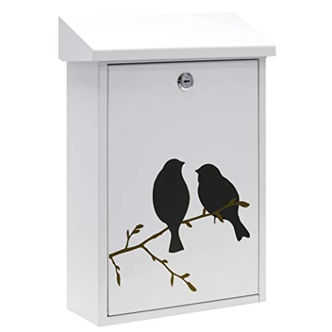ARREGUI Premium E5601-BIR Briefkasten aus Verzinktem Stahl, mit im Siebdruck lackiertem Vogel - Motiv Birds, Größe M (DIN A4 Post), Wandbriefkasten für Draußen mit Einwurfklappe, Weiß mit Schwarz
