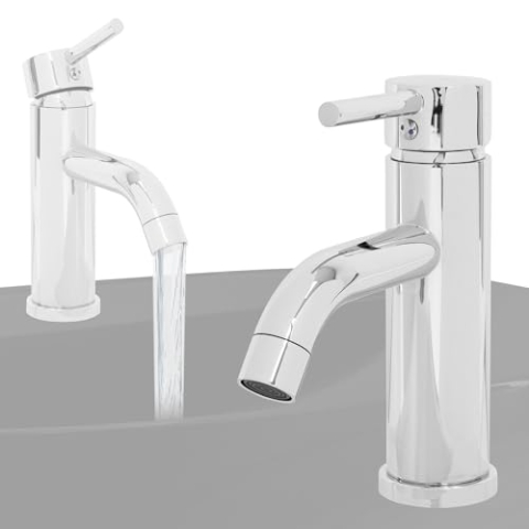LuxeBath Wasserhahn Bad klein, Waschtischarmatur für Badezimmer, Chrom, aus Messing, Rund, Mischbatterie für Heißes und Kaltes Wasser, Einhebelmischer mit Zugstange, Badarmatur Waschbecken Armaturen