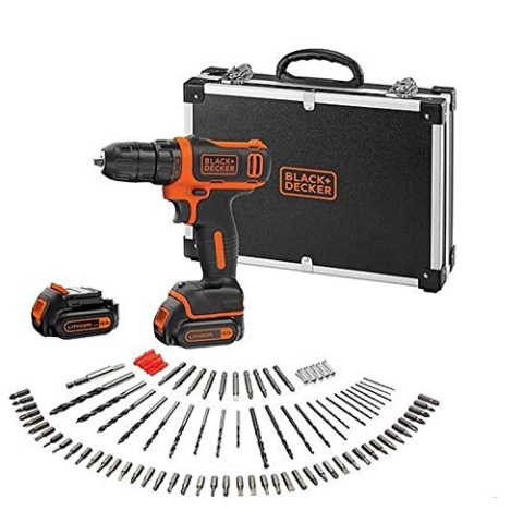 Black+Decker Akku-Bohrschrauber (10.8V 1,5Ah, ultrakompakt & leicht, mit LED-Arbeitsleuchte, Softgriff, inkl. 200mA Ladekabel, 2x Akkus, 100tlg. Zubehör, in hochwertigem Koffer) BDCDD12BAFC