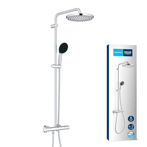 GROHE Vitalio 250, Duschsystem mit Thermostat, wassersparend 8l pro Min (2 Strahlarten, schwenkbarer Kopfbrausearm, Sicherheitssperre bei 38C, Antikalk-System), rund, chrom, 26677001