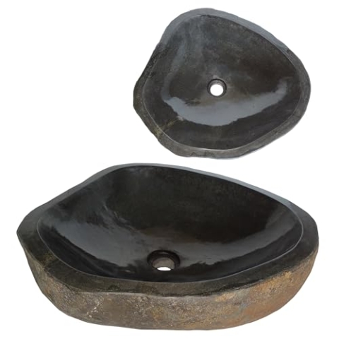 Lendo Online Waschbecken oval Flussstein - Naturstein - Waschtisch für Badezimmer - Aufsatzwaschbecken - Handwaschbecken - Grau (Rostfarben, 46-53x34-40cm)