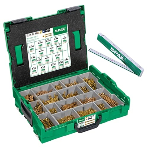 SPAX Montagekoffer, L-BOXX, Groß, Yellox A2L, Kreuzschlitz Z, Senkkopf, 17 Abmessungen, 2930 Stück, Inkl. 5 Bits und Zollstock, 5000009164019