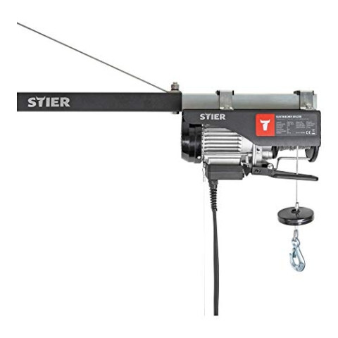 STIER Elektrischer Seilzug, Tragkraft 250 kg, Leistung 500 W, Hebehöhe bis 12 m, inkl. Befestigungsbügel, einfache Montage, Sicherheit durch Not-Aus-Schalter