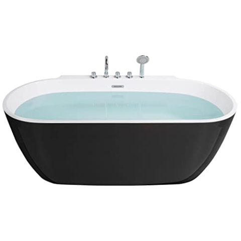 Acryl Badewanne oval freistehend schwarz mit Armatur Überlauf 170 x 80 cm Rotso