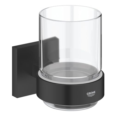 GROHE Start Cube, Glas mit Halter ohne Bohren (für Zahnbürsten und Zahnpasta, verdeckte Befestigung, zum Kleben oder Bohren, inkl Schrauben und Dübel, ohne Kleber), eckig, schwarz, 410972430