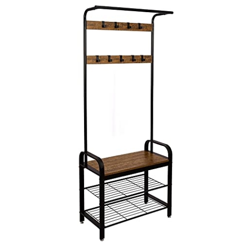 Meerveil Garderobenständer Vintage, Garderobe Industrial, Schuhregal mit Sitzfläche, Metallgestell Kleiderständer mit 9 abnehmbaren Haken, 2 Gitterablagen, 72 x 34 x 183 cm, Retrobraun-schwarz