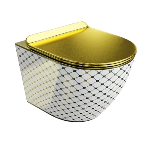 LAVITA Wand-WC Sofi Slim Checked Gold Hänge Toilette WC Sitz Colordeckel mit Absenkautomatik & Metallscharniere Color Spülrandlos Hängend Colorbecken 365x490x395 mm Gold/Weiß