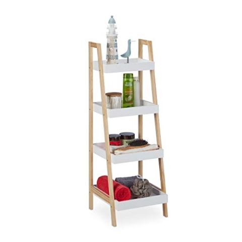 Relaxdays Badregal, 4 Fächer, Leiterregal für Badezimmer, MDF & Kiefernholz, offen, HBT: 98,5 x 34,5 x 36 cm, weiß/natur