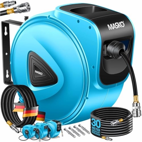 MASKO® 30m Druckluftschlauch Aufroller automatisch 1/4" Anschluss - Schlauchtrommel Wandschlauchhalter Schlauchaufroller Druckluftschlauch-Aufroller Druckluftschlauch-trommel Blau