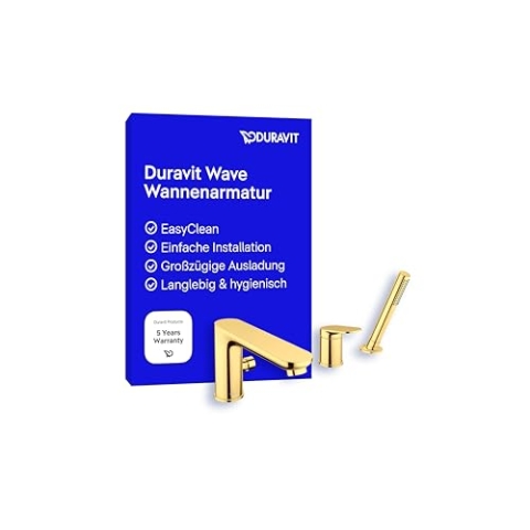 Duravit Wave 3-Loch Wannenarmatur, Einhebel-Wannenmischer mit Keramikmischsystem, Badewannenarmatur, Gold Poliert
