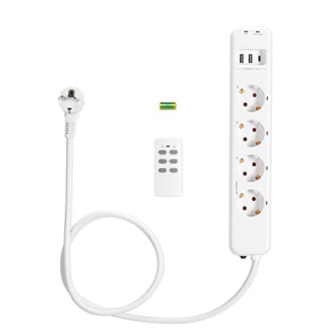 Navaris Funk Steckdosenleiste 4-fach einzeln schaltbar - mit 3x USB Buchsen - Funksteckdosenleiste mit Fernbedienung - Mehrfachsteckdose Weiß