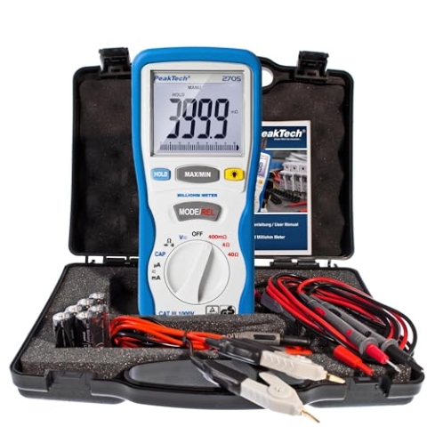 PeakTech P 2705 – Präzises Milliohmmeter mit 4-poligen Kelvin-Prüfleitungen – Hochwertiges Multimeter mit Digital-Anzeige – Strommessgerät für Milliohm-Bereich – TÜV/GS & CAT III 1000 V geprüft– Blau