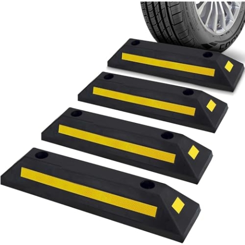 Pyle Parkplatzbegrenzung Anfahrtschutz Set – Garagenstopper für das Auto ohne zu Bohren oder mit Befestigungsmöglichkeit, Radstopper aus Hartgummi, Garagen Parkhilfe mit Reflektionsstreifen, 4er Pack