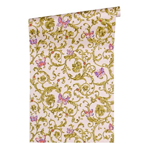 VERSACE WALLPAPER Vliestapete Butterfly Barocco Luxustapete mit Ornamenten barock 10,05 m x 0,70 m grün metallic rosa Made in Germany 343254 34325-4