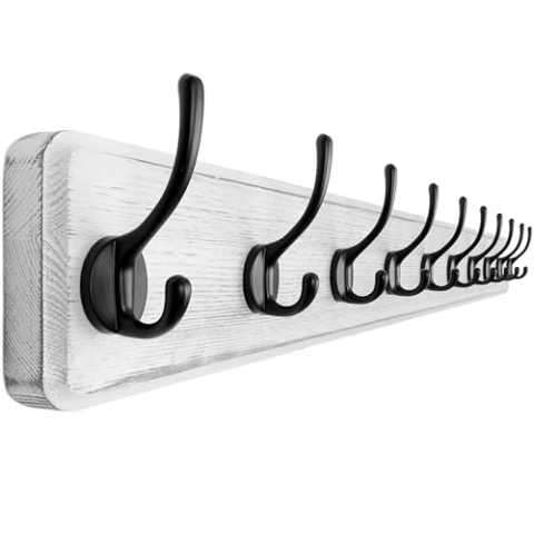 Dseap Garderobe, 97cm Lang Robust Hakenleiste Garderobenleiste Holz mit 10 Haken, Garderobenhaken Wand, Kleiderhaken für Mantel Kleidung Hut Jacken Schals,Weiß