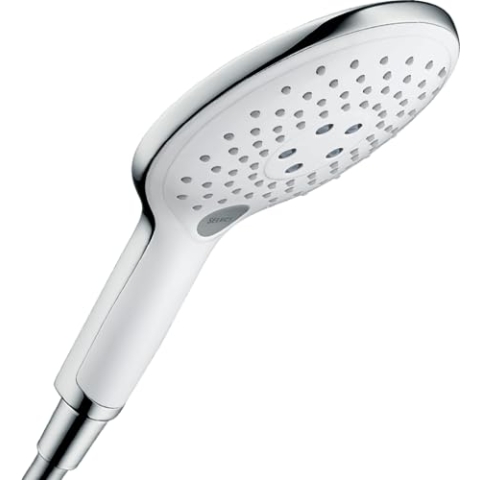 hansgrohe Raindance Select S - wassersparender Duschkopf 8,8 l/min (EcoSmart), Handbrause mit 3 Strahlarten, Duschbrause, Sparduschkopf mit Antikalk-Funktion, Weiß/Chrom, 28588400