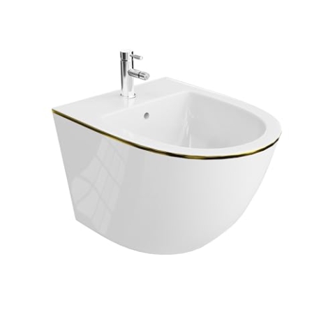 LAVITA Universal Wand-Bidet Sofi Gold Line mit Hahnloch und Überlaufschutz aus Keramik Sitzwaschbecken zur Montage an der Wand Hygienisch und Pflegeleicht 36,5x49x32,5 cm